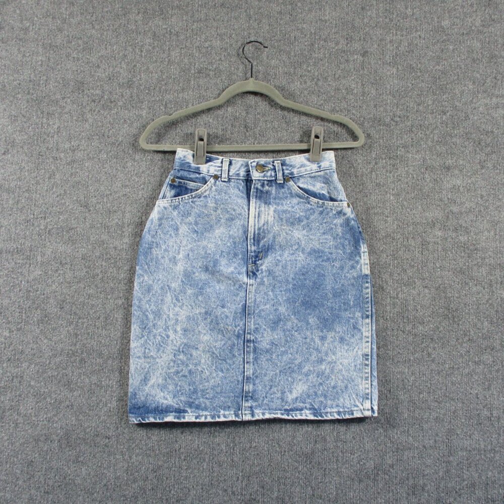 VINTAGE Sunset Blues Skirt Womens 5 Blue Acid Wash Denim Jean Short 80s 90s USA